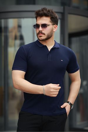 Erkek Kıvrılmaz Polo Yaka Cepsiz Slim Fit Dar Kesim T-Shirt LACİVERT