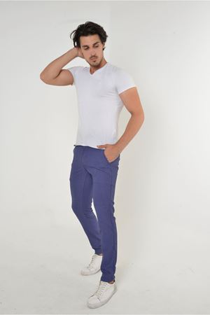 ERKEK SLİM FİT DAR KESİM ÖRGÜ KUMAŞ YAN CEP KOTON CHİNO PANTOLON A.MAVİ