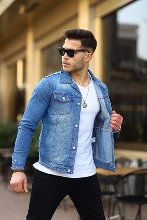 Erkek A Kalite Slim Fit Denim Kot Ceket A.MAVİ