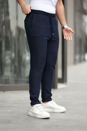 Erkek Trend Beli Lastikli Duble Paça Pantolon LACİVERT