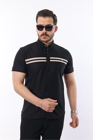 Erkek Kısa Kollu Slim Fit Yazlık Çift Çizgili Gömlek SİYAH