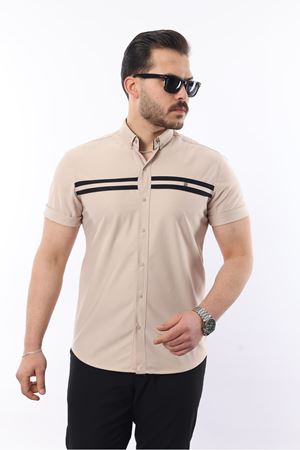 Erkek Kısa Kollu Slim Fit Yazlık Çift Çizgili Gömlek BEJ