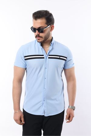 Erkek Kısa Kollu Slim Fit Yazlık Çift Çizgili Gömlek MAVİ