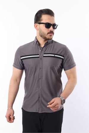 Erkek Kısa Kollu Slim Fit Yazlık Çift Çizgili Gömlek Antrasit