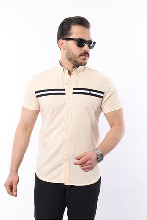 Erkek Kısa Kollu Slim Fit Yazlık Çift Çizgili Gömlek KREM