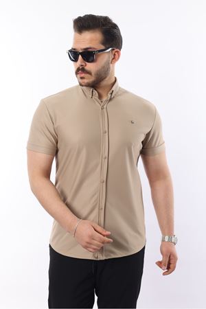 Erkek Kısa Kollu Slim Fit Yazlık Basic Şık Gömlek BEJ