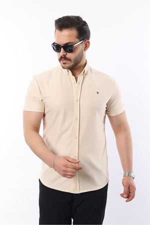 Erkek Kısa Kollu Slim Fit Yazlık Basic Şık Gömlek KREM