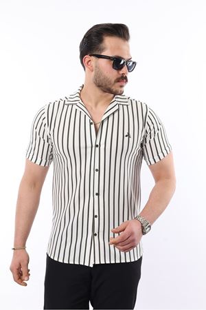 Erkek Kısa Kollu Slim Fit Yazlık Çizgili Gömlek HAKİ