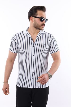 Erkek Kısa Kollu Slim Fit Yazlık Çizgili Gömlek LACİVERT