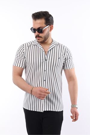 Erkek Kısa Kollu Slim Fit Yazlık Çizgili Gömlek K.GRİ