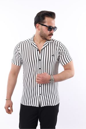 Erkek Kısa Kollu Slim Fit Yazlık Çizgili Gömlek SİYAH