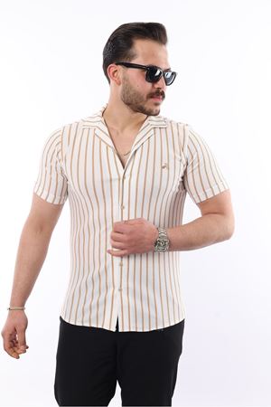 Erkek Kısa Kollu Slim Fit Yazlık Çizgili Gömlek Taba