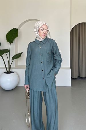 Kadın Tunik Gömlek Bol Paça Palazzo Pantolon Tesettür Takım SU MAVİSİ