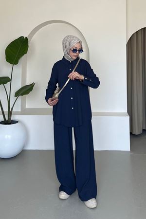 Kadın Tunik Gömlek Bol Paça Palazzo Pantolon Tesettür Takım LACİVERT