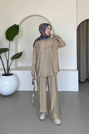 Kadın Tunik Gömlek Bol Paça Palazzo Pantolon Tesettür Takım BEJ
