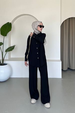 Kadın Tunik Gömlek Bol Paça Palazzo Pantolon Tesettür Takım SİYAH