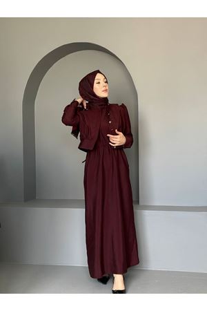 Kadın Büzgülü Balon Kol Düğmeli Uzun Elbise BORDO