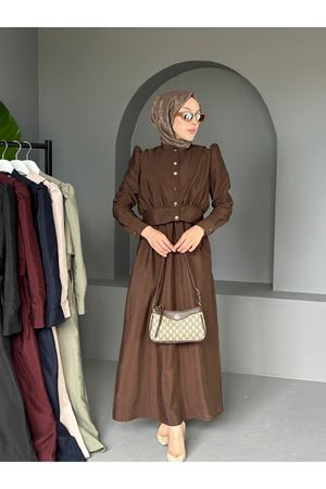Kadın Büzgülü Balon Kol Düğmeli Uzun Elbise KAHVE