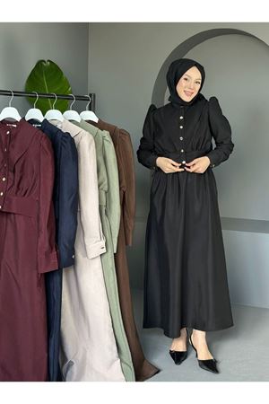 Kadın Büzgülü Balon Kol Düğmeli Uzun Elbise SİYAH