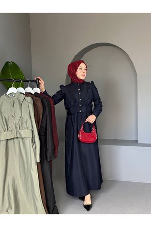 Kadın Büzgülü Balon Kol Düğmeli Uzun Elbise LACİVERT