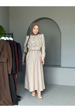 Kadın Büzgülü Balon Kol Düğmeli Uzun Elbise TAŞ