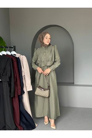 Kadın Büzgülü Balon Kol Düğmeli Uzun Elbise YEŞİL