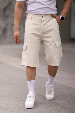 Erkek Slim Fit Kargo Cepli Kapri Şort Ekru