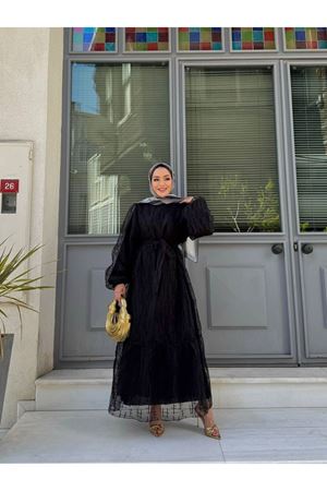 Kadın Güpür Desenli Gömlek Yaka Elbise SİYAH