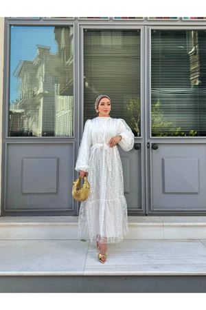 Kadın Güpür Desenli Gömlek Yaka Elbise BEYAZ