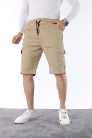 Erkek Beli Lastikli Dikiş Detaylı Kargo Cep Kapri Şort BEJ
