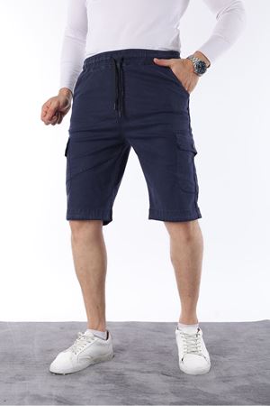 Erkek Beli Lastikli Dikiş Detaylı Kargo Cep Kapri Şort LACİVERT