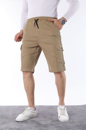 Erkek Beli Lastikli Dikiş Detaylı Kargo Cep Kapri Şort VİZON