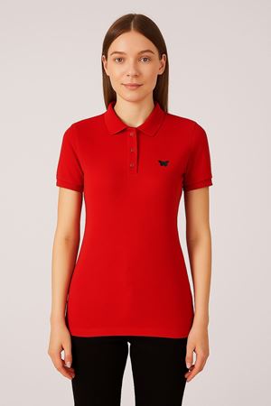 Kadın Kısa Kollu Slim Fit Basic Polo Yaka Tişört KIRMIZI