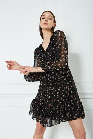 Kadın Siyah V Yaka Fırfırlı Robadan Büzgülü Lastikli Uzun Kol Mini Şifon Elbise SİYAH