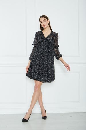 Kadın Siyah V Yaka Fırfırlı Robadan Büzgülü Lastikli Uzun Kol Mini Şifon Elbise BEYAZ