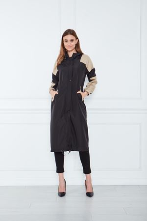 Kadın Kuşaklı Çift Renk Trençkot SİYAH