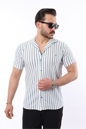 Erkek Kısa Kollu Slim Fit Yazlık Çizgili Gömlek MAVİ