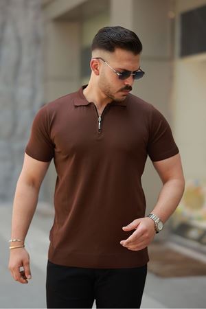 Erkek Fermuarlı Polo Yaka Slim Fit Triko T-Shirt KAHVE
