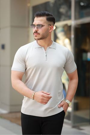 Erkek Fermuarlı Polo Yaka Slim Fit Triko T-Shirt TAŞ
