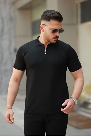 Erkek Fermuarlı Polo Yaka Slim Fit Triko T-Shirt SİYAH