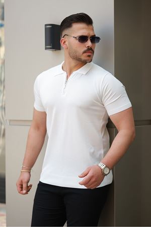 Erkek Fermuarlı Polo Yaka Slim Fit Triko T-Shirt BEYAZ