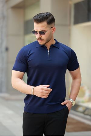 Erkek Fermuarlı Polo Yaka Slim Fit Triko T-Shirt LACİVERT