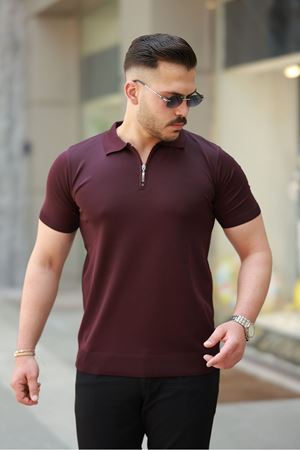 Erkek Fermuarlı Polo Yaka Slim Fit Triko T-Shirt BORDO