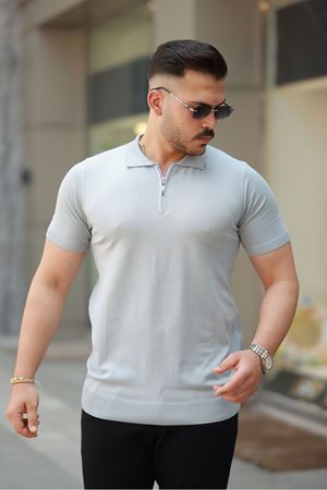 Erkek Fermuarlı Polo Yaka Slim Fit Triko T-Shirt A.GRİ