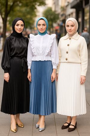 Kadın 3 Lü Paket Basic Pilise Bol Lastikli Uzun Etek