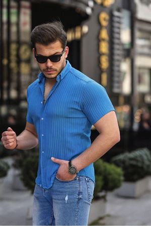 Erkek Kendinden Çizgi Desenli Gömlek