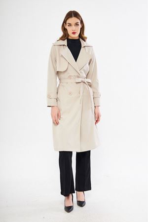 Kadın Basic Düğmeli Kuşaklı Cepli Uzun Krem Trençkot