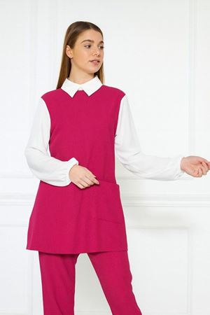 Kadın Uzun Kazak Bol Paça Pantolon Fuşya İkili Takım