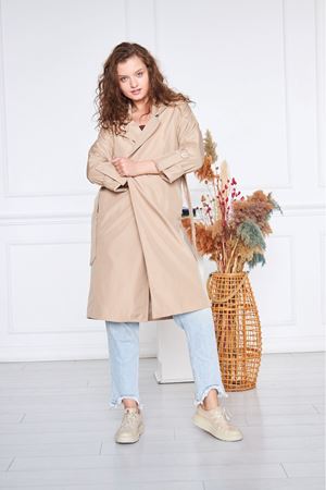Kadın Kruvaze Yaka Cepli Kuşaklı Uzun Krem Trençkot