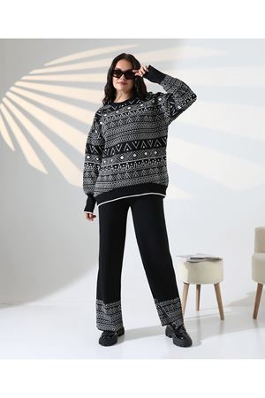 Kadın Bisiklet Yaka Sweat Bol Pantolon Triko Takım